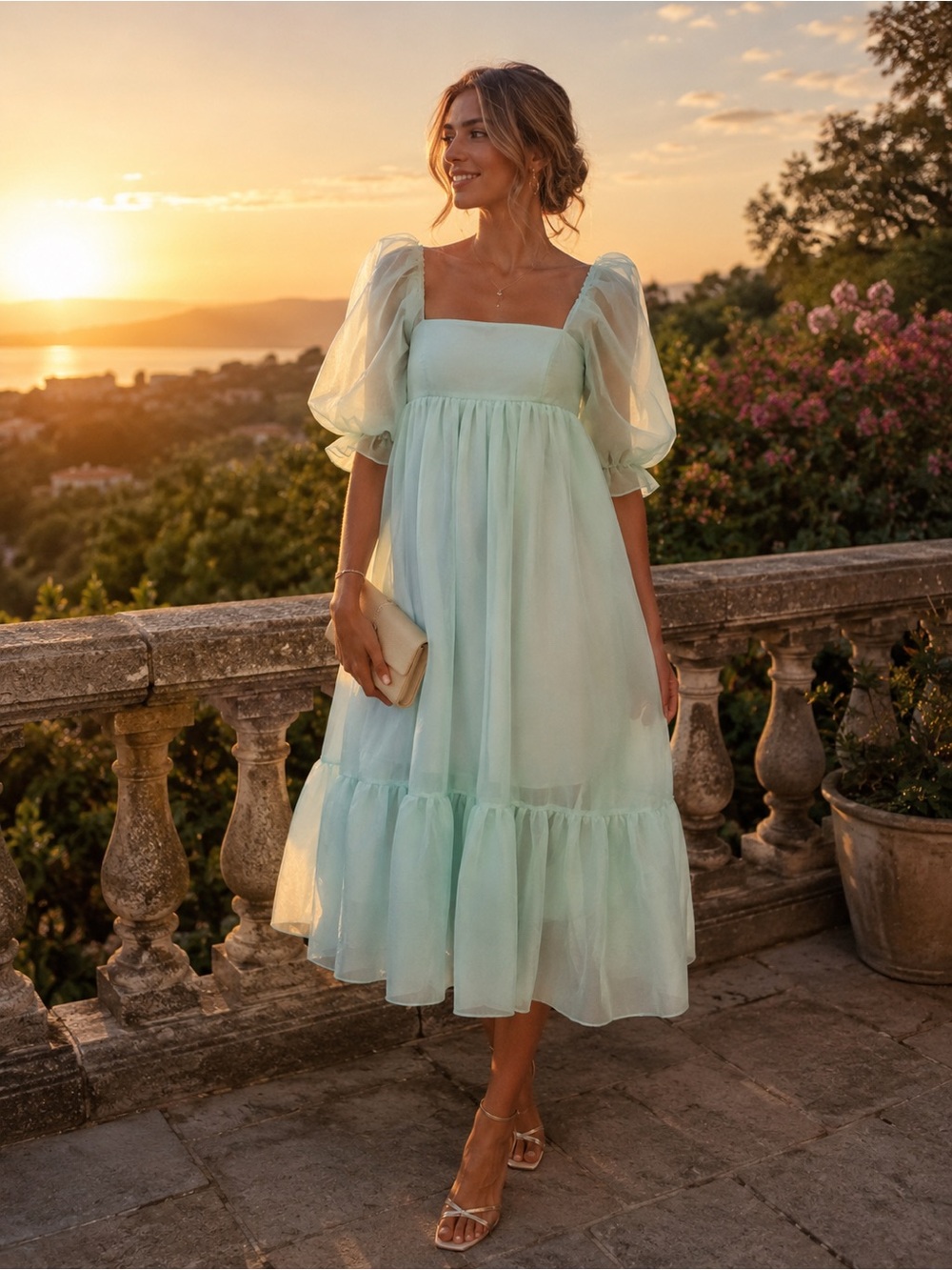 Romantic Puff-Sleeve Midi Dress - Women